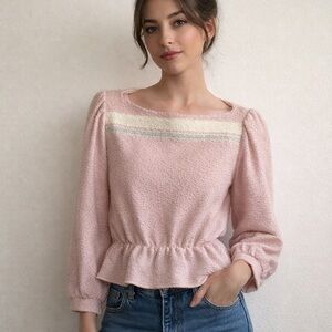 Vintage Leslie Fay Peplum Puff Sleeve Top with Retro Stripe Boat Neck Sz 16 or M